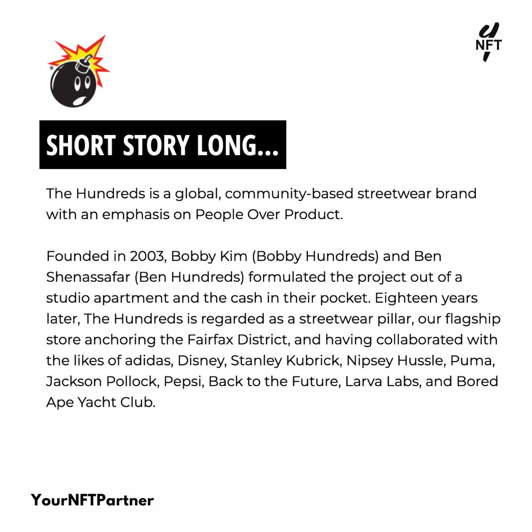 YourNFTPartner's tweet photo. NFT 2021 Recap: The Hundreds has brought artists and collectors to streetwear through social presence. Through Adam Bomb Squad, The Hundreds seizes on NFTs, blockchain technology, and the metaverse to once again introduce its community to the next world #FashionNFT #StreetwearNFT https://t.co/p4hTVcSFxa