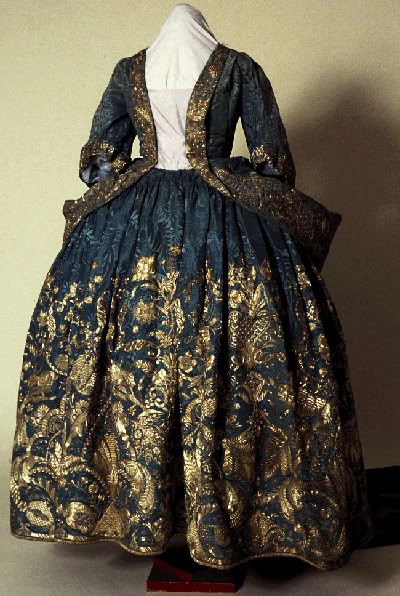 #FridayNightFrills 18th Century silver embroidered blue damask court mantua,1730-40. Probably worn by Lady Rachel Morgan (of Tredegar House) for presentation at court