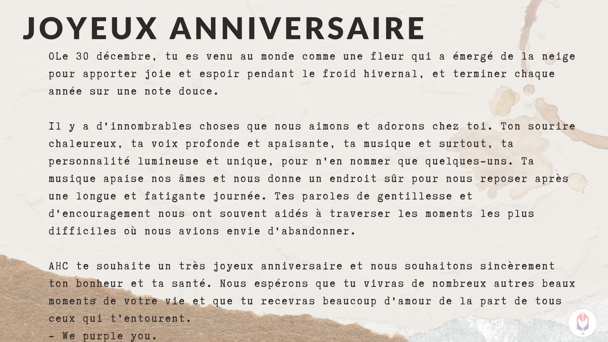 BTS_AHC_FR's tweet photo. Avec un peu de retard, Kim Taehyung, joyeux anniversaire !
@BTS_twt
#HAPPYVDAY
#HappyBirthdayTaehyung
#WinterMiracleV
#SoulSingerV
#SnowPrinceTaehyung
#SweetTaeTaeDay
#OurWarmGiftTaehyung
#MillionReasonsToLoveTae
#VOurGuidingLight
#UniVersalIconTaehyung
#StageCommanderV https://t.co/NPD0HOXCU0