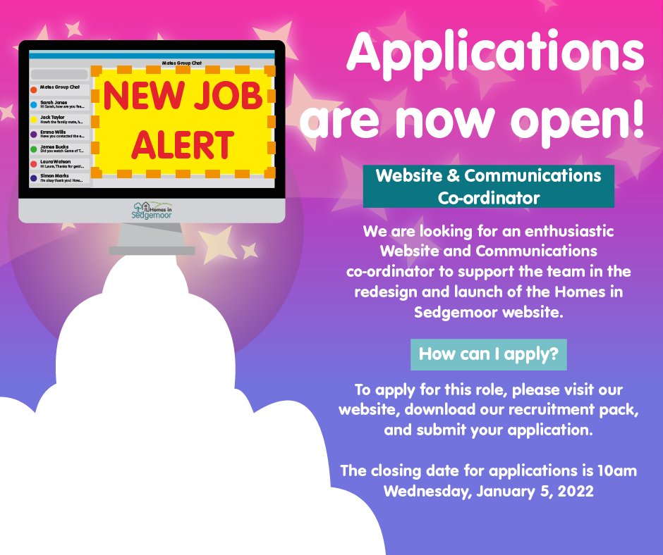 💼 NEW JOB ALERT 💼
🌐 Website and Communications Co-ordinator ✍️

We are looking for an enthusiastic Website and Communications Co-ordinator to support the team in the redesign and launch of the Homes in Sedgemoor website 👇
homesinsedgemoor.org/jobvacancies

#GoTeamHiS #JobVacancy #comms