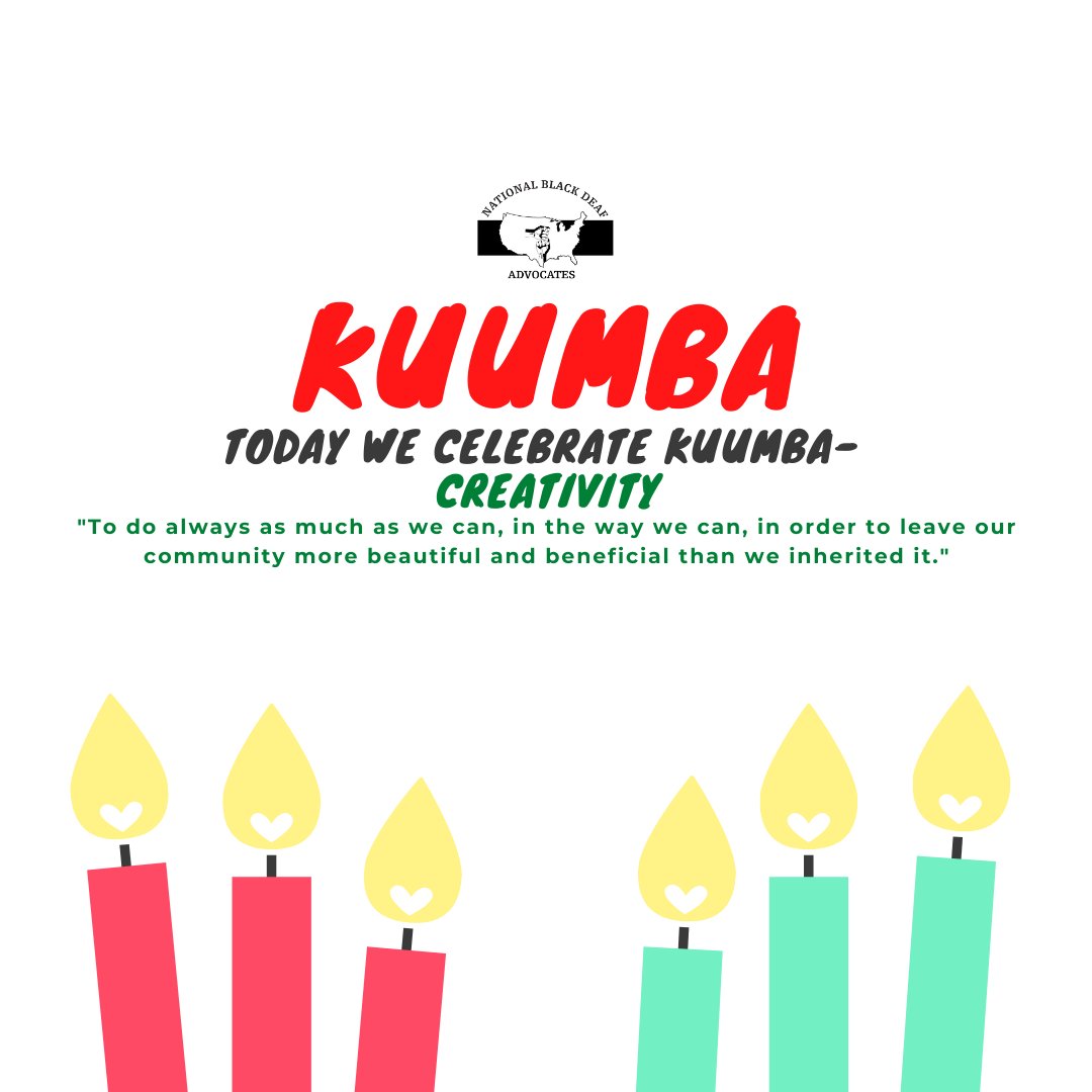 Kwanzaa Principle, Kuumba. What does it mean? Detroit Black Deaf Advocates Member Glenn Wall-Stewart explains in ASL what it means to him. Check out our YouTube video link in the bio for his vlog! - mailchi.mp/54de24fd36d2/t…