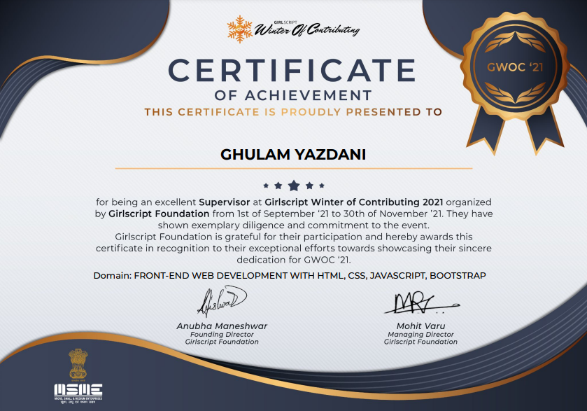 iamyazreza's tweet photo. As this year has ended this is my last achievement in 2021 more to come in 2022,
Received the certificate of achievement for being Top Supervisor at @girlscriptwoc, It was really a great experience working alongside some amazing folks and supervising the whole event! https://t.co/pDsU9KTA17