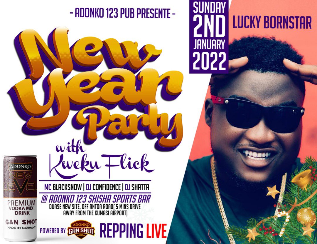 Rtdworldwide's tweet photo. New Year Party with KweKu Flick - Lucky BornStar repping live 🔥🔥🔥🔥 @Rtdworldwide @LuckyBornStarr @BKCMusic @BKCBoss @KwekuFlick https://t.co/fRJpHzDHsE