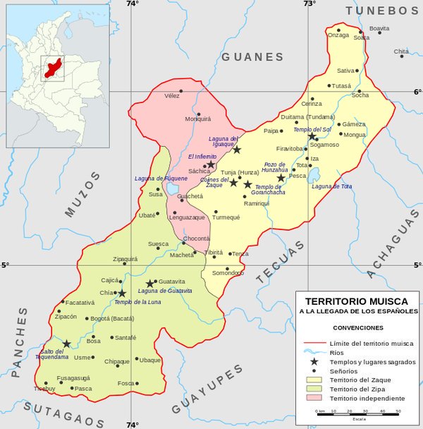 DeepSageApp's tweet photo. Mapa del territorio Muisca a la llegada de los españoles en el siglo XVI. Se muestran los dominios del Zipa y Zaque y las ciudades sagradas https://t.co/dGUnpckbfy