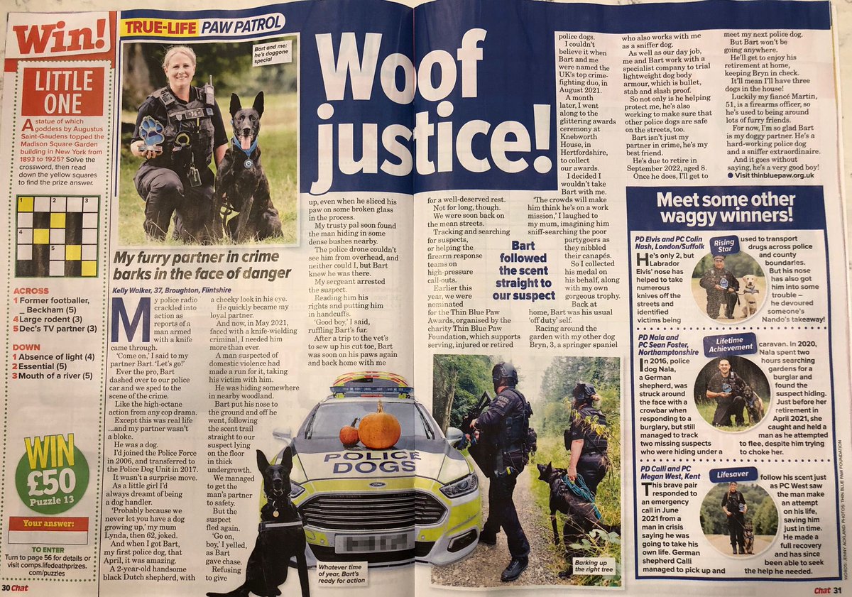 Thank you to Chat Magazine for featuring our 2021 #ThinBluePawAward winners! thinbluepaw.org.uk/awards 💙🐶🇬🇧