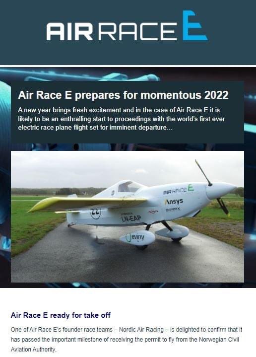 ⚡ Our December newsletter is live ⚡

You can catch up on the latest from Air Race E as we prepare for our historical first flight, take a look back at the last 12 months and of course ahead to what will be an exciting 2022!

➡️ bit.ly/3qGQ94s

#AirRaceE | #motorsport