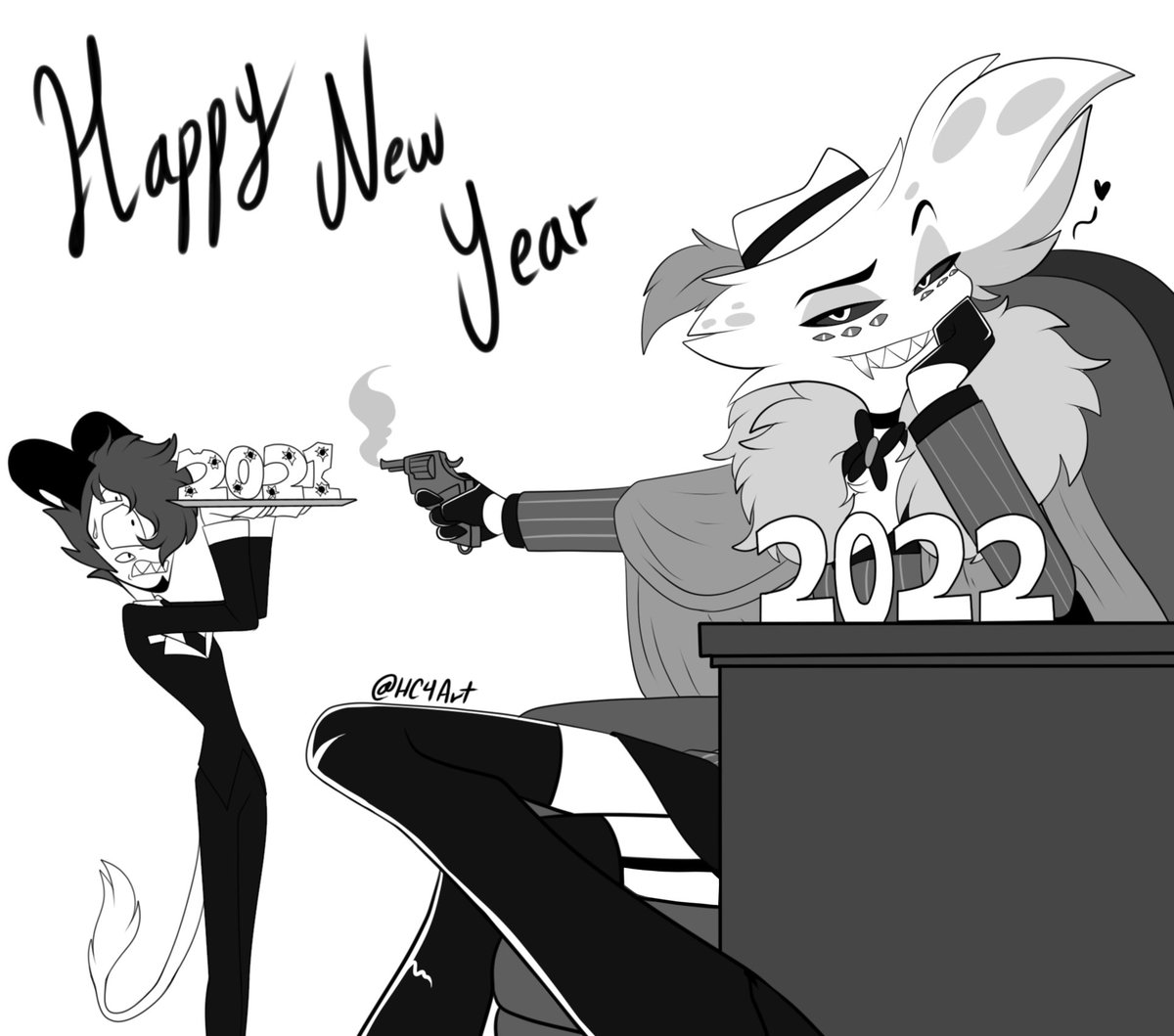 HC4Art's tweet photo. Happy New Year, folks! 🤍 
Thanks a lot for all the support, love u! 

[#angeldust #HazbinHotel] https://t.co/Qw0GW9LUTm