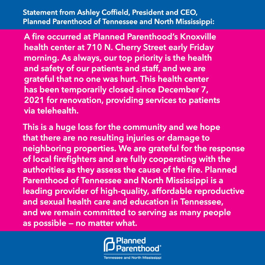 pptnmcares's tweet photo. We are devastated to report that our Knoxville health center was destroyed in a fire early this morning. If you would like to support PPTNM with a donation at this time, please visit https://t.co/SmZf21QtEd. https://t.co/tgVo4zqRTp