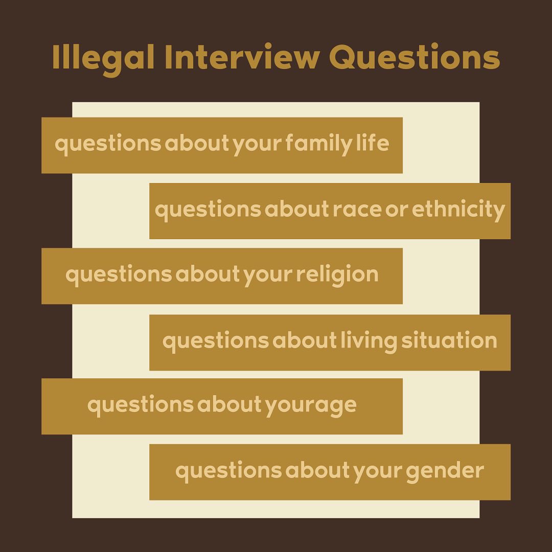 HireOleMissRebs's tweet image. What are illegal interview questions and what do you do if you’re asked them!! If you’re interviewing anytime soon, be sure to keep a look out for questions like these and be prepared! #studentprofessionals #interview101 #illegalquestions