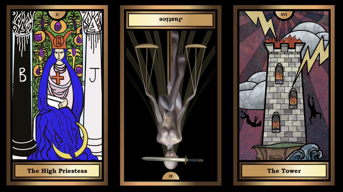 oculardelusion's tweet photo. ARCANA CRYPTO TAROT 31.12.21 1/High Priestess  2/Justice (R) 3/The Tower > You have everything you need to step unfettered into tomorrow. Change is coming. Embrace the unconventional.✨Artists: @combugnera @KatSheKittyBast @PlaceofMany Oracle: @oculardelusion #wocatarot https://t.co/tmRigaGoge
