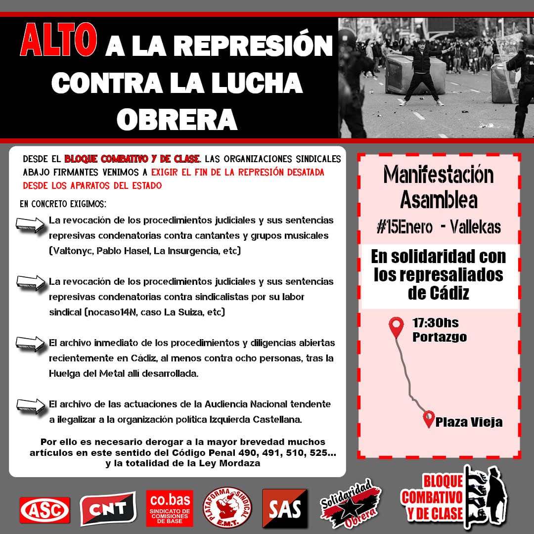 CombativoBloque's tweet photo. ManiAsamblea el 15 de enero. En #Vallekas
🕠17:30h Portazgo a Plaza Vieja
ALTO A LA REPRESIÓN CONTRA LA LUCHA OBRERA
En solidaridad con los trabajadores del Metal de #Cadiz represaliados.
#MarlascaDimision
#HuelgaDelMetal https://t.co/lKC05bW7Es