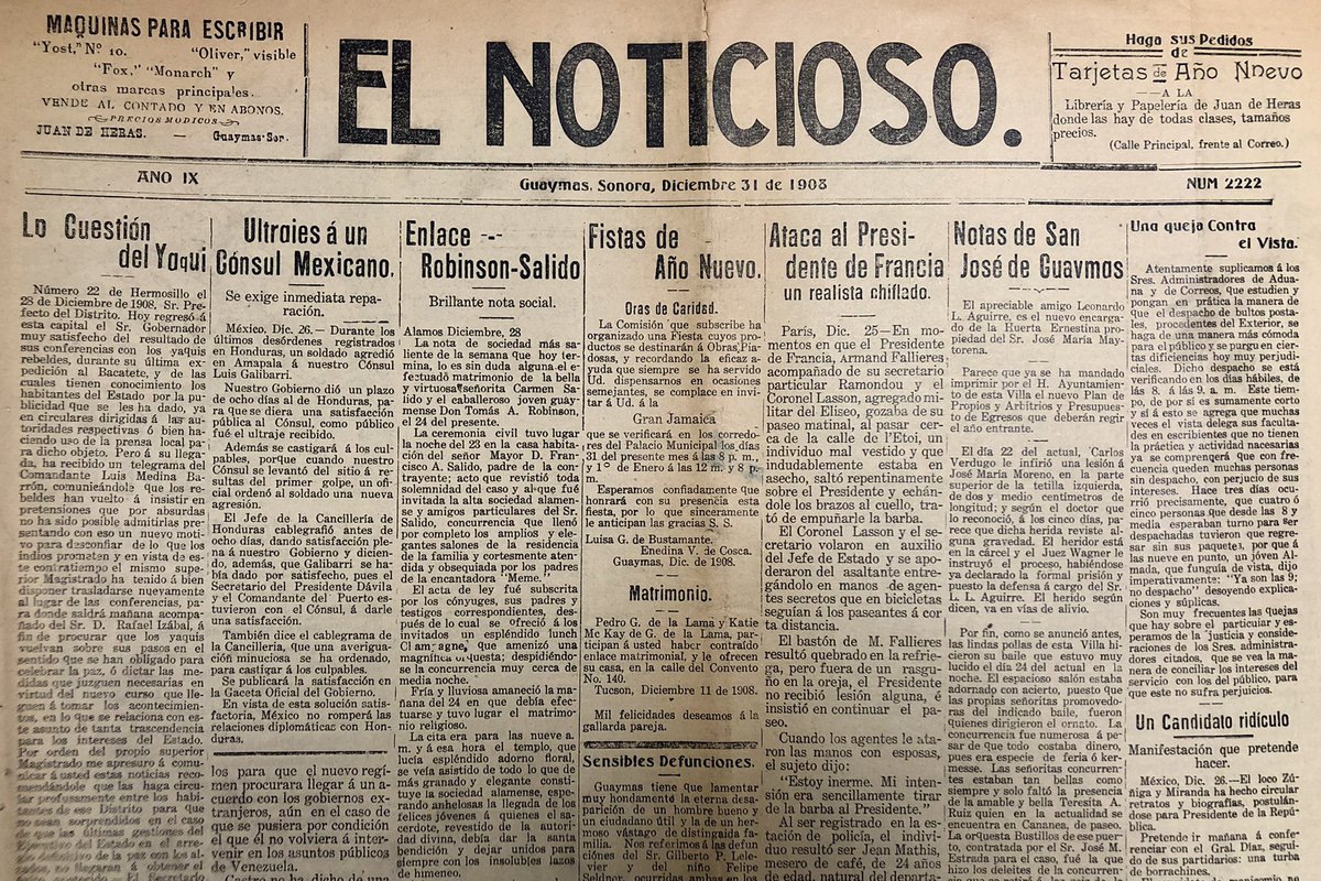 Un día como hoy, 31 de diciembre, pero de 1908. Se anunciaba en “El Noticioso” de Guaymas una Fiesta de Año Nuevo que se realizaría en los corredores de Palacio Municipal y cuyos réditos se destinarían a obras de beneficencia. 
#AGES #Sonora #TierraDeOportunidades #Hemeroteca