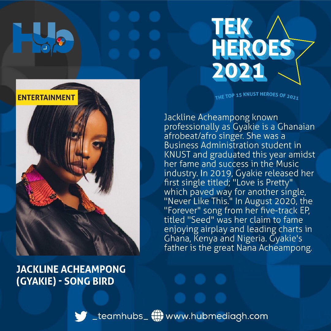 _teamhubs_'s tweet photo. THE HUB TEK HEROES 

⭐️#1 JACKLINE ACHEAMPONG a.k.a GYAKIE [@Gyakie_] 

- Afrobeat/Afro singer 
- Bsc. Business Administration (Class of 2021) 

#TekHeroes #TheHUB https://t.co/H808zrAZJo
