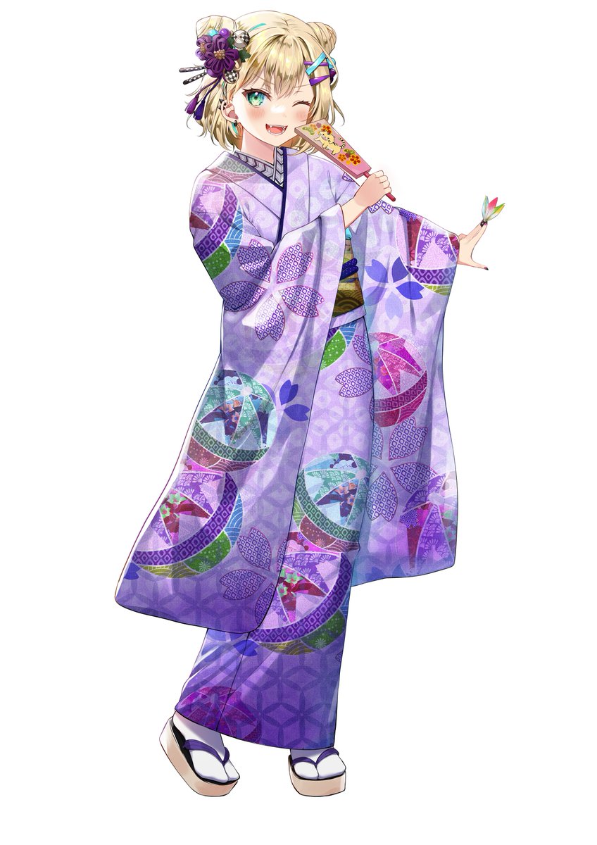 1girl solo kimono japanese clothes one eye closed hair ornament blonde hair  illustration images