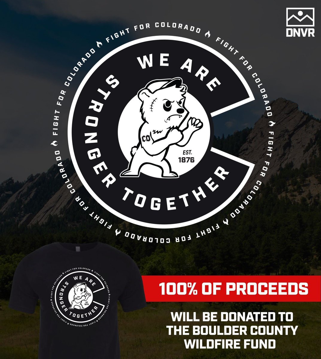 DNVR_Sports's tweet photo. 🚨DNVR FUNDRAISER🚨

Join the DNVR community in supporting those impacted by the #MarshallFire by purchasing our STRONGER TOGETHER shirt. 

100 PERCENT of the proceeds from this shirt will go directly to the Boulder County Wildfire Fund. 

BUY HERE: https://t.co/hEW4yhRRO4 https://t.co/SsmEh02ya0