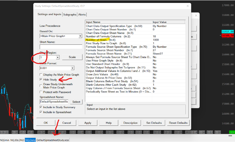 Change the chart region to 1, hide the study, and make sure you get the amount of rows you want. If you do smaller time frame candles, you’ll obviously need to change the amount of rows. When you click apply, it will add a tab at the bottom called defaultspreadsheetstudy