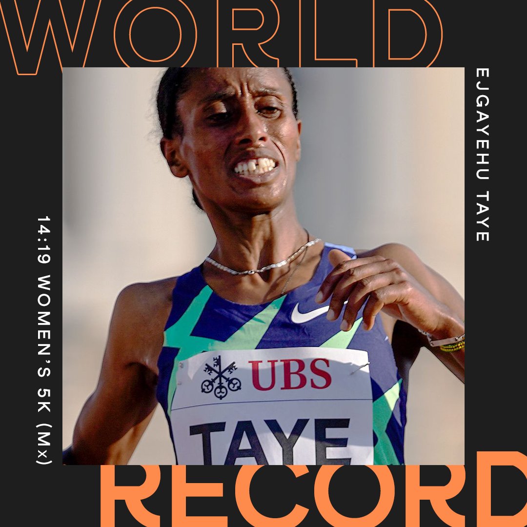 WorldAthletics's tweet photo. 🚨 WORLD RECORD 🚨

On the last day of 2021, Ejgayehu Taye 🇪🇹 runs 14:19 at @cursanassos to break the women's 5k world record (for a mixed race) by 24 seconds! https://t.co/SphX0DecGg