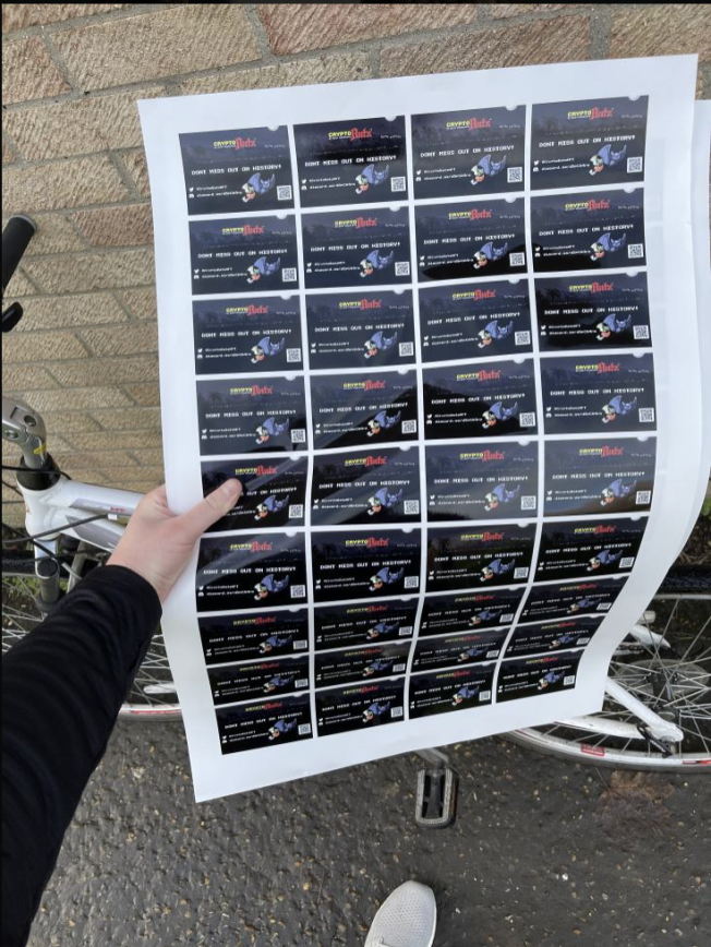 A member of the CryptoBatz community printed off their own stickers and cycled around town spreading the word about this project.

The excitement for <a href="/CryptoBatzNFT/">CryptoBatz</a> are just wild right now.

@bzdkn we truly appreciate your support! 

P.S. the stickers were eco-friendly!