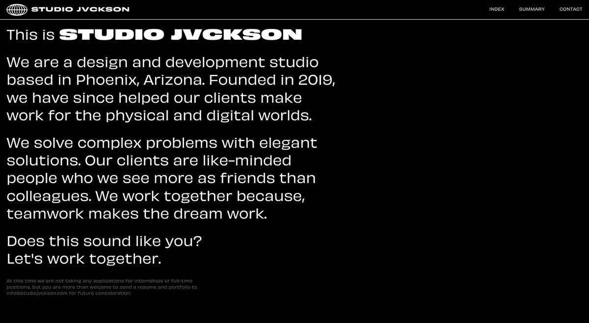 p_folios's tweet photo. 💙🕶
𝐏𝐨𝐫𝐭𝐟𝐨𝐥𝐢𝐨 𝐨𝐟 𝐭𝐡𝐞 𝐝𝐚𝐲: Studio Jvckson
𝐓𝐢𝐭𝐥𝐞: Design &amp; Development Studio
𝐁𝐮𝐢𝐥𝐭 𝐰𝐢𝐭𝐡: @wordpressdotcom 
𝐒𝐭𝐲𝐥𝐞𝐬: Multiple Page, Sans Serif, Duo Color, UI Interaction, Simple, Minimal, Dark Mode, No images

𝐕𝐢𝐬𝐢𝐭: https://t.co/xuosZu4m9e https://t.co/lrkUyGGWUX