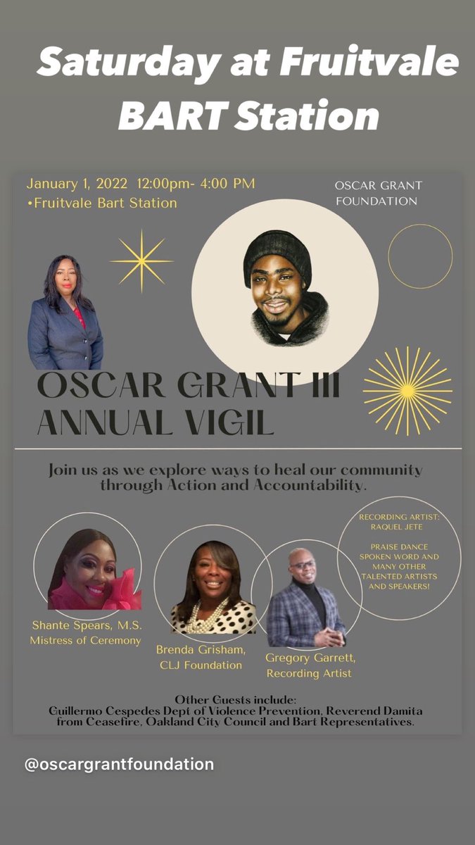 OscarGrant4Life's tweet photo. #TOMORROW, Saturday, January 1st from 12-4pm at the Fruitvale BART Station for the Annual Vigil in memory of Oscar Grant to take place guest speakers and special performances. Please share with your networks. 🕯 #OscarGrantVigil2022 https://t.co/k3kKhK3x6n