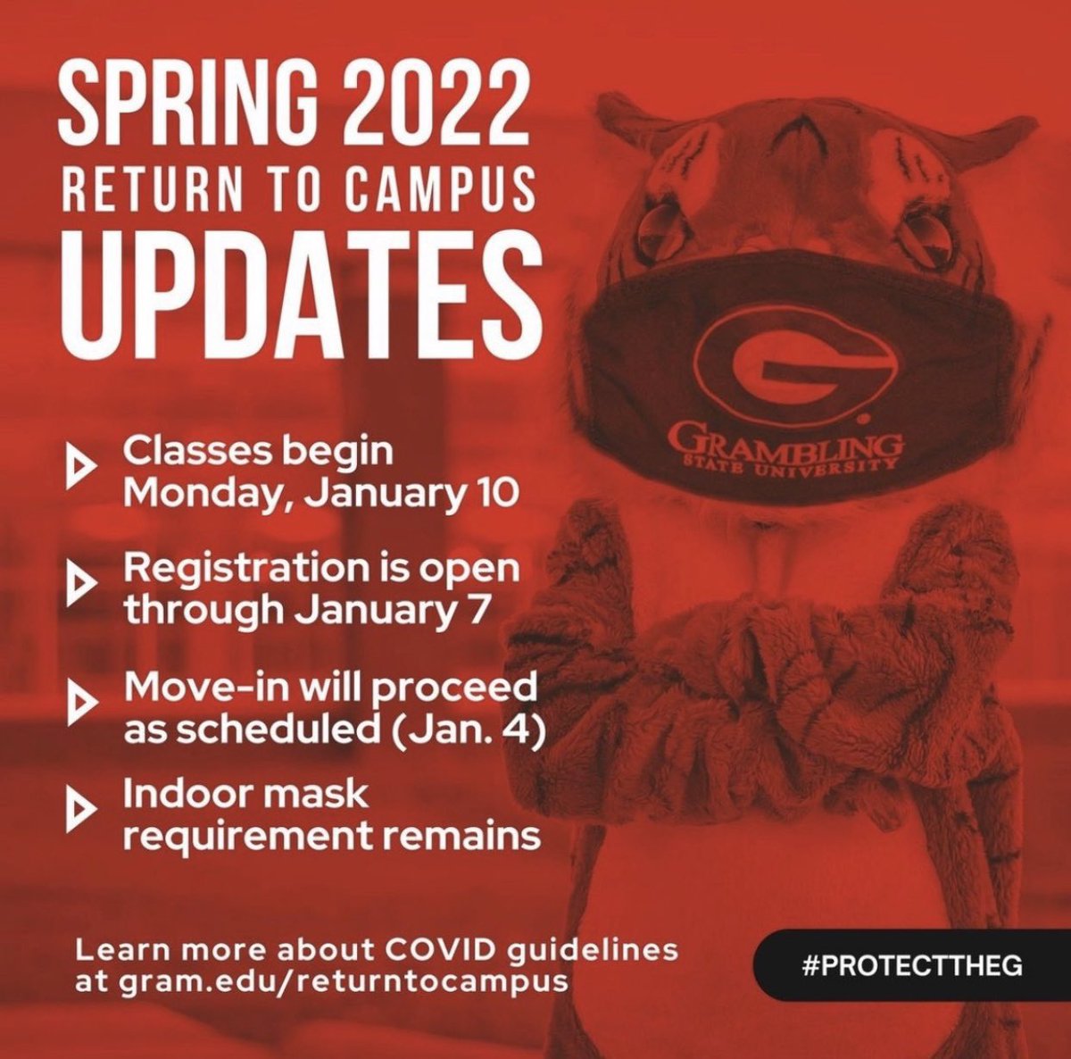 #GramFam Spring 2022 Update:

GSU will remain on schedule with other ULS schools to welcome students and employees back for the Spring 2022 semester. FMI about COVID guidelines, visit gram.edu/returntocampus
#ProtecttheG