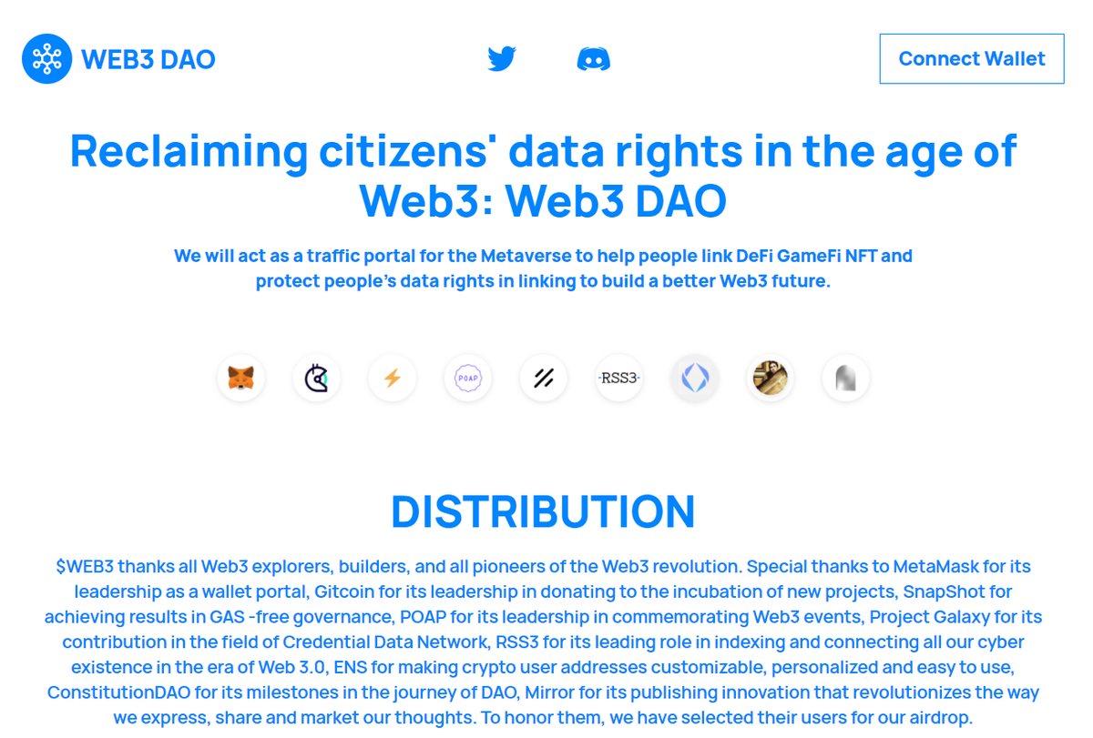 The_Web3DAO's tweet photo. Web3 DAO : Reclaiming citizens' data rights in the age of Web3.

We will act as a traffic portal for the Metaverse to help people link DeFi GameFi NFT and protect people's data rights in linking to build a better Web3 future. https://t.co/4IMamUetnu