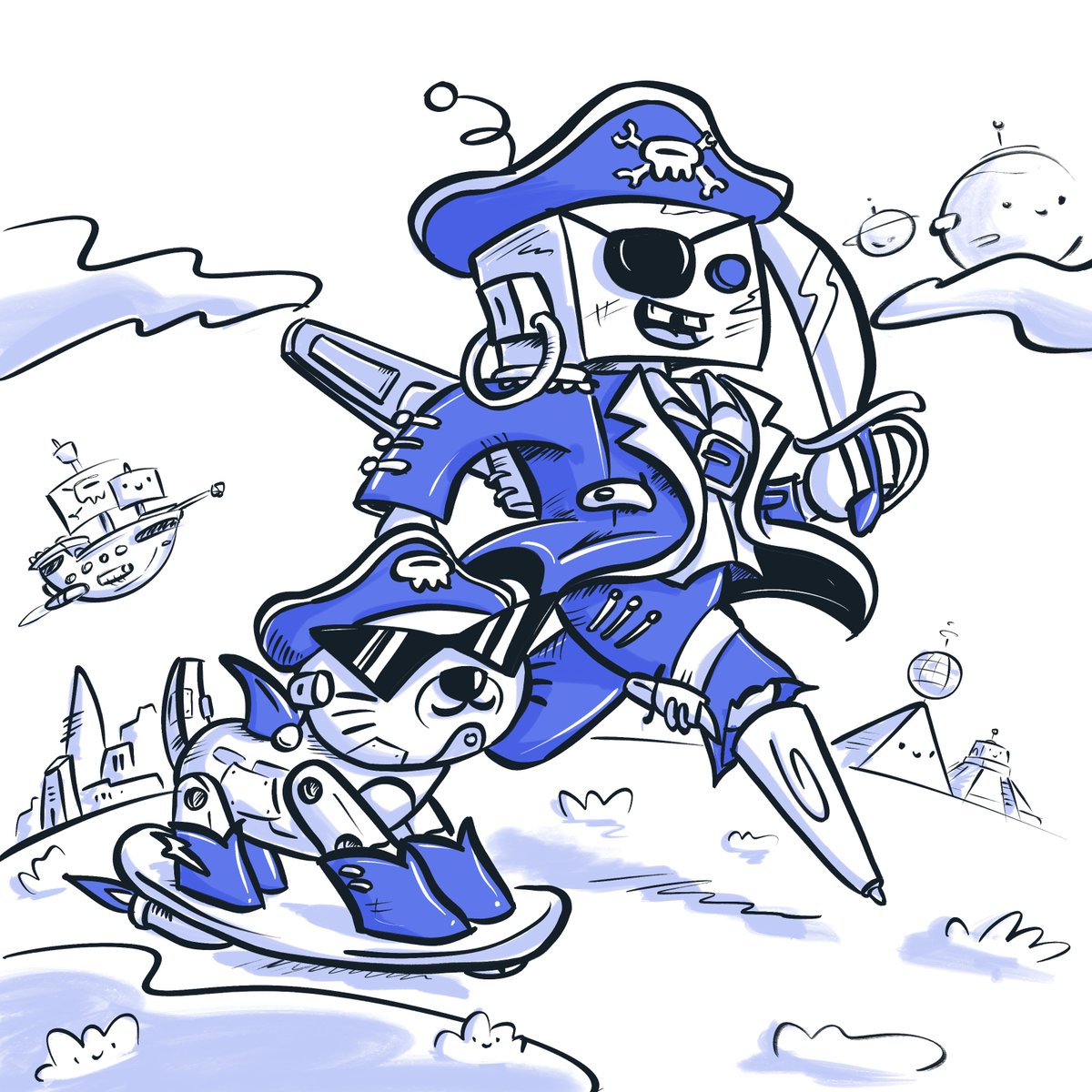 robotosNFT's tweet photo. New Year's Eve Airdrop coming today 💙🤖

This is a thank you to our collectors for an amazing year. ✨

@pablostanley created 4 different pieces for Roboto + Robopet matching ID collectors. 

🏴‍☠️ [1] Pirateboto Escaping: https://t.co/X185BhVoIc
