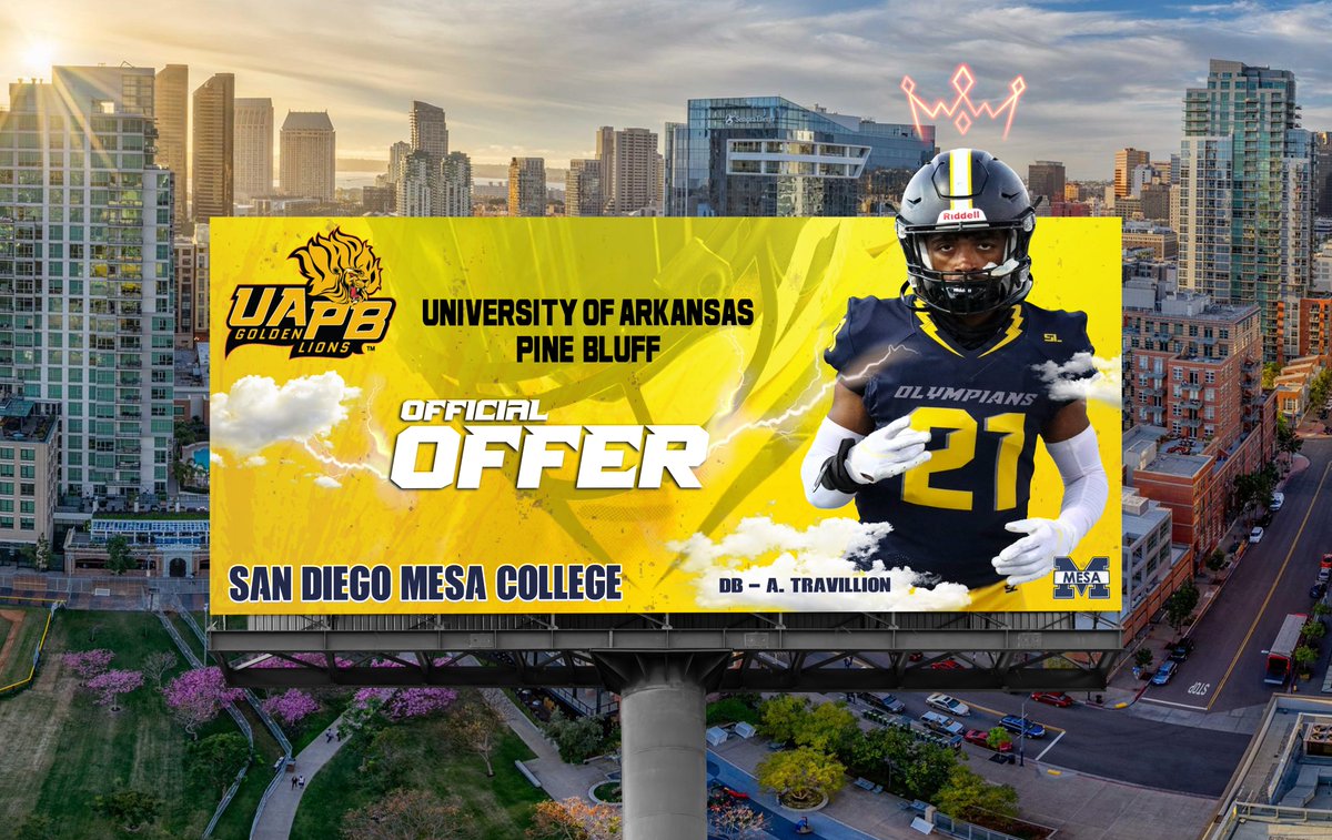 SDmesafootball's tweet photo. Congratulations to @TraAj2 on his official offer from @UAPBFootball_. Your Olympian Football Family is PROUD! #BALLIN #Gettinplayersout #NextLevelProgram @BallCoachGW @sdmesaathletics @scfafootball @EC_Preps_SD @SDFNLMagazine @HendricksonFB https://t.co/EOoHZfYrkM