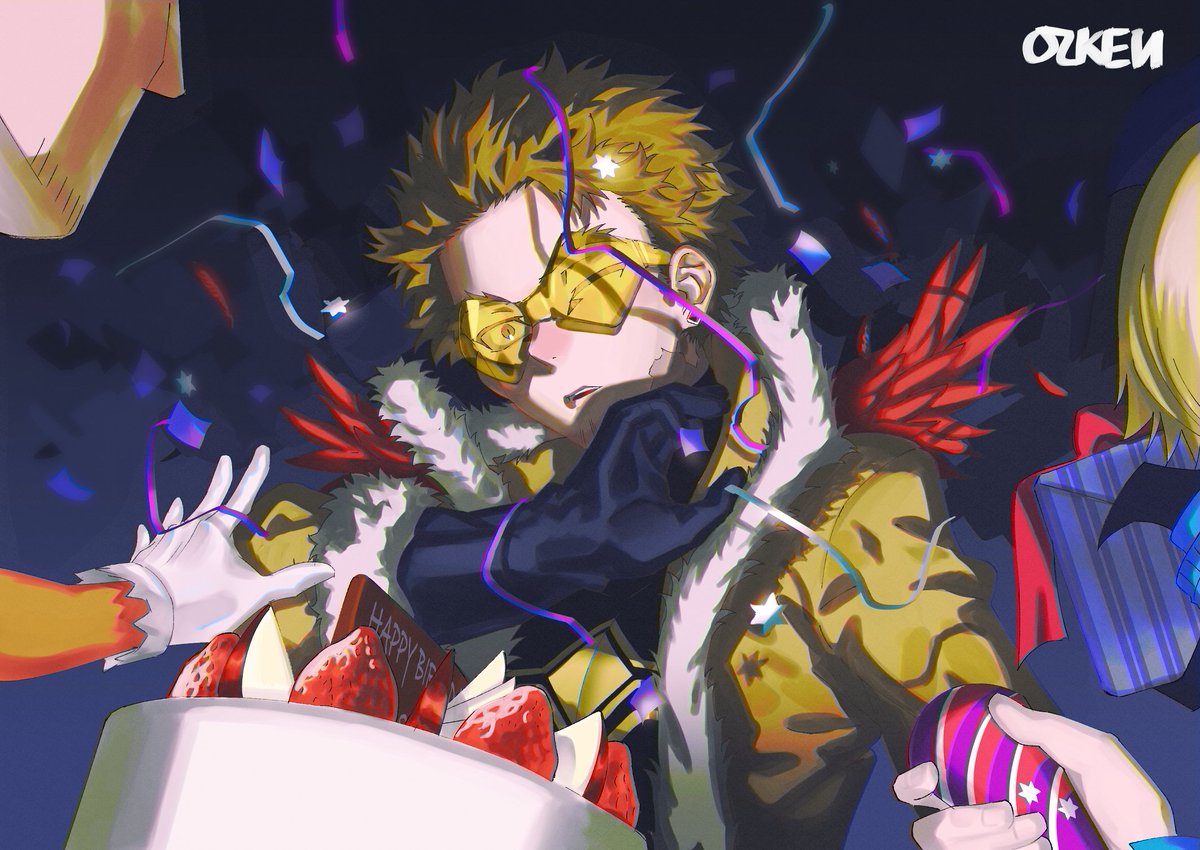 hawks (boku no hero academia) confetti cake food blonde hair party popper gloves strawberry  illustration images