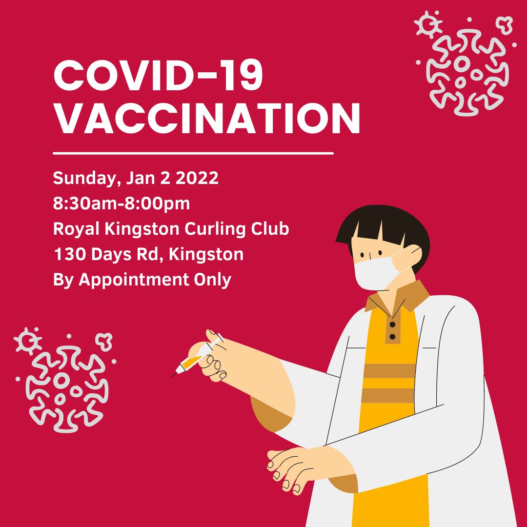‼️ COVID-19 Vaccination Clinic ‼️
Sunday, Jan 2 from 8:30am-8:00pm
Located <a href="/RoyalKingstonCC/">Royal Kingston Curling Club 🥌</a> , 130 Days Rd
12+ years old 1st &amp; 2nd doses, 18+ years old 3rd doses
By appointment only, register @ loyalist.medmeapp.com/schedule/  #ygk <a href="/MIHomeYGK/">🇨🇦 Make It Home YGK</a> <a href="/KFLAPH/">SEPH - KFLA Public Health</a> <a href="/EventsYGK/">YGK Events</a> <a href="/kingstonist/">Kingstonist</a>