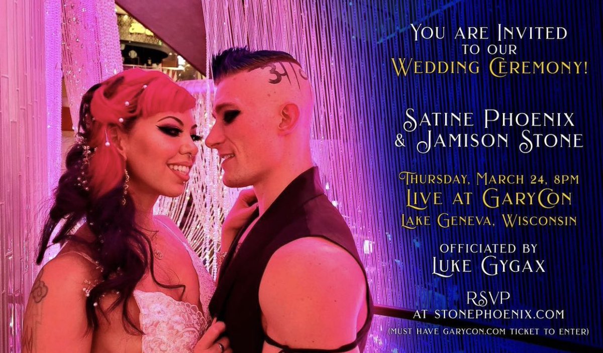 I am honored to officiate the wedding of  <a href="/satinephoenix/">Satine Phoenix</a> &amp; <a href="/StoneJamison/">Jamison Stone</a> Thursday night <a href="/GaryCon/">Gary Con</a>. Their love for each other shines like a beacon illuminating all around them. Get a badge, dress in your garb &amp; come celebrate #dndwedding #ttrpg #dnd #celebritywedding