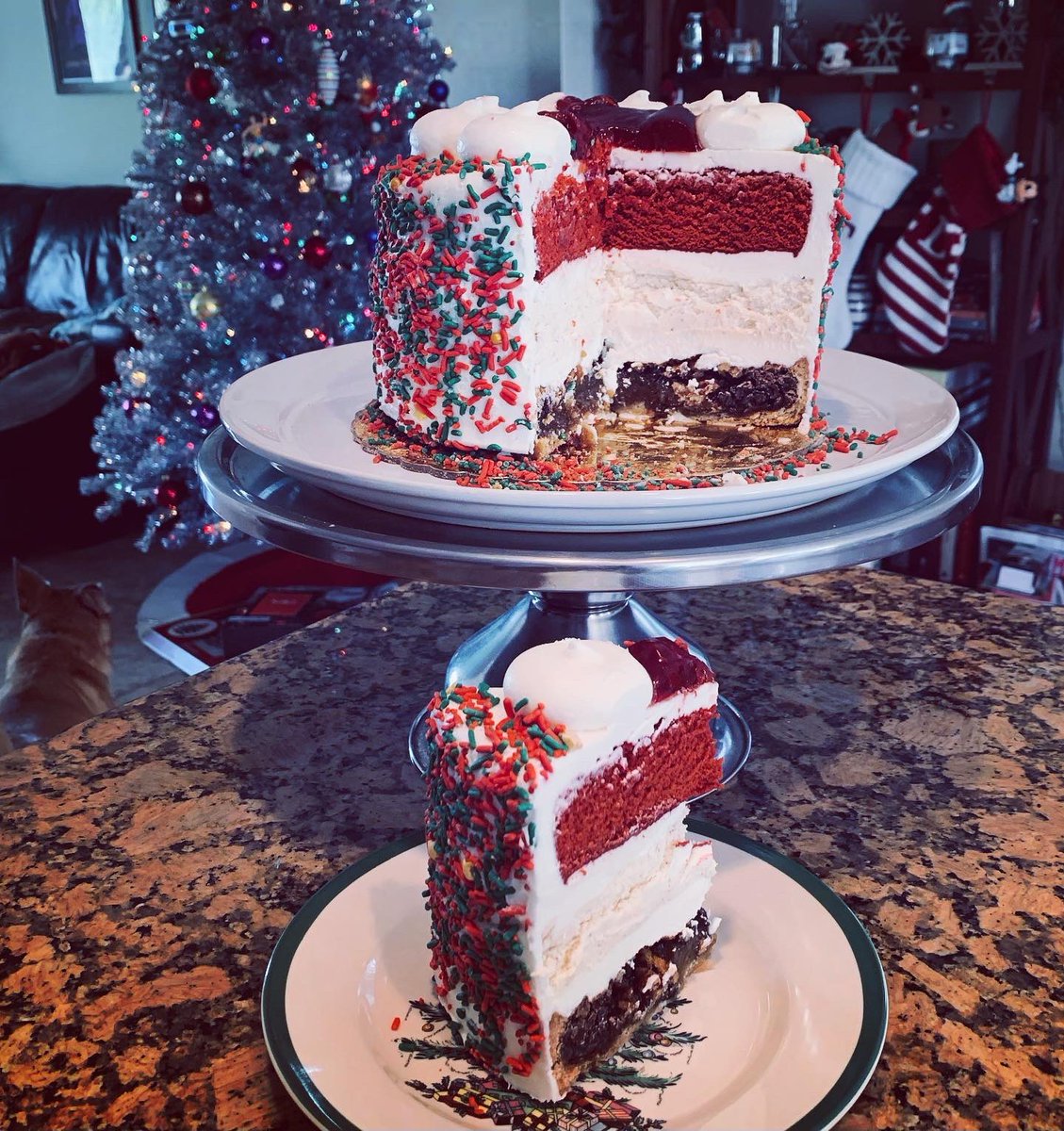 DemonacoJ's tweet photo. my first PieCaken, a gift from @gracerandolphbtt ! red velvet cake, eggnog cheesecake, pecan pie, cherry pie filling, amaretto buttercream. #piecaken #zacyoung https://t.co/Fqdjeb68FQ