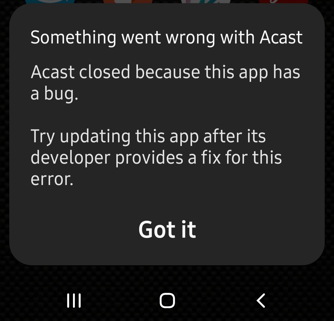 @acastsupport The latest update for Android has crashed the app
