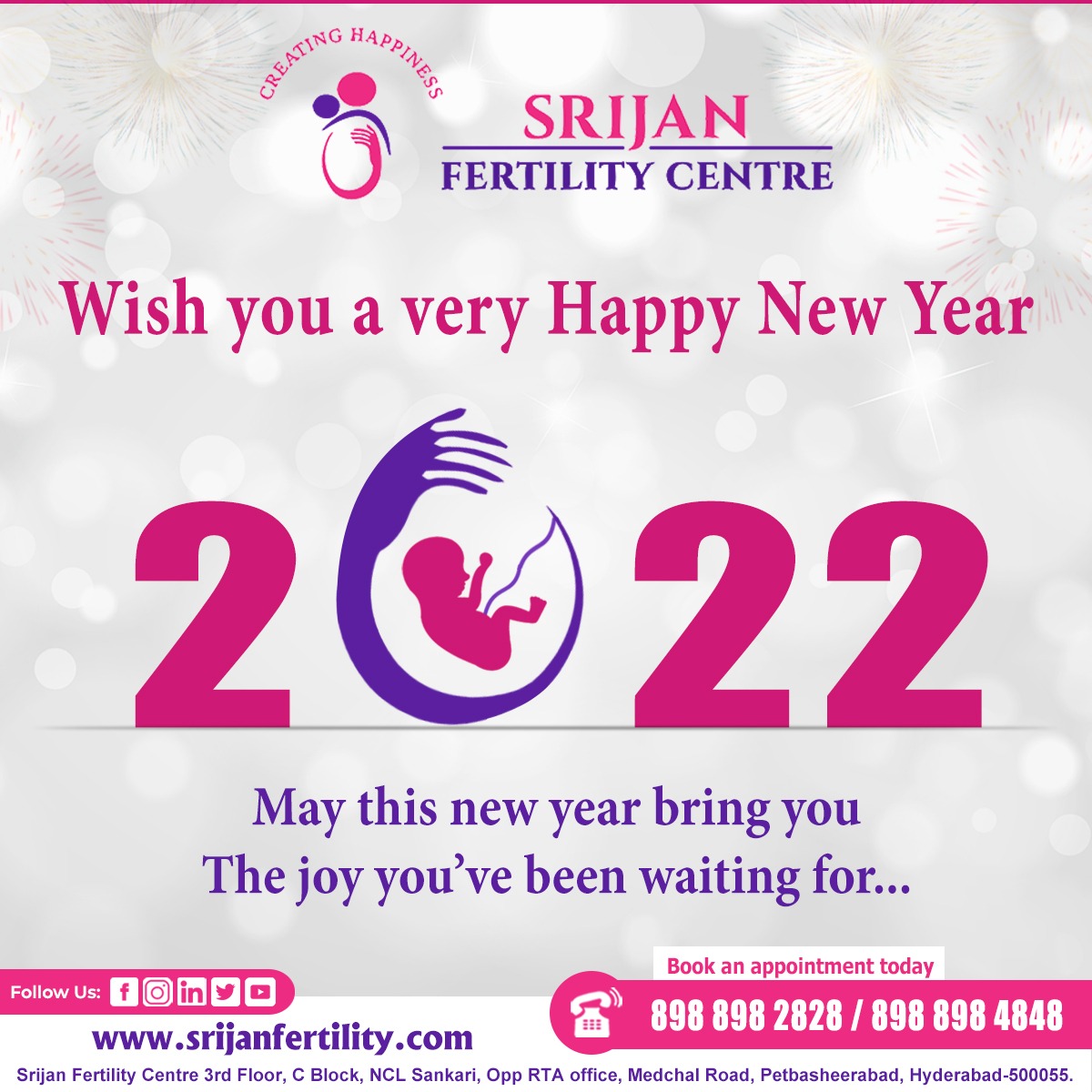 Srijanfertility's tweet photo. Bring home a joyful baby and spread smiles on this festive New Year Eve! 

Srijan Fertility Center wishes that may all your hopes be fulfilled and a Happy New Year
.
#Srijan #DrKSreedevi #fertilitycenter  #newyearwishes #family #friends #wishes #celebrations  #HappyNewYear https://t.co/LiML1X2Fda