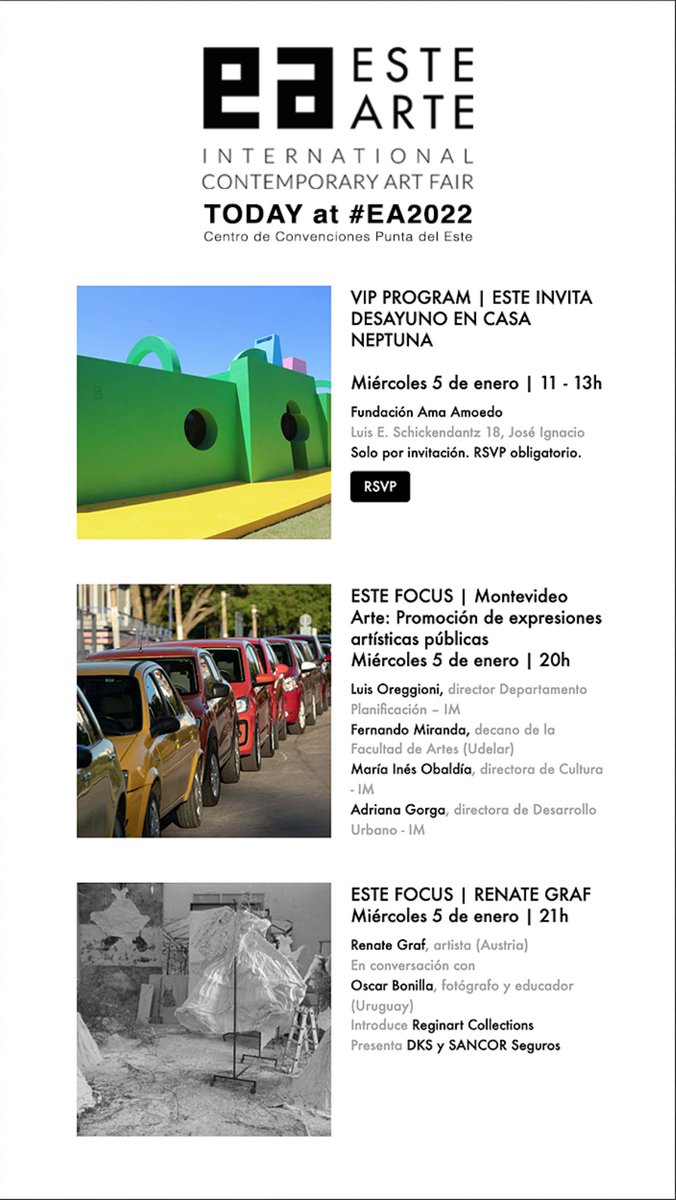 ESTEARTEfair's tweet photo. #EA2022 AGENDA /// #ESTEARTEfair 4 al 7 de Enero, Centro de Convenciones de Punta del Este🇺🇾
🎟Entradas: https://t.co/GYhoSp9xta
#PuntadelEste #Uruguay #love #art #travel https://t.co/dEkjkpM0Mt