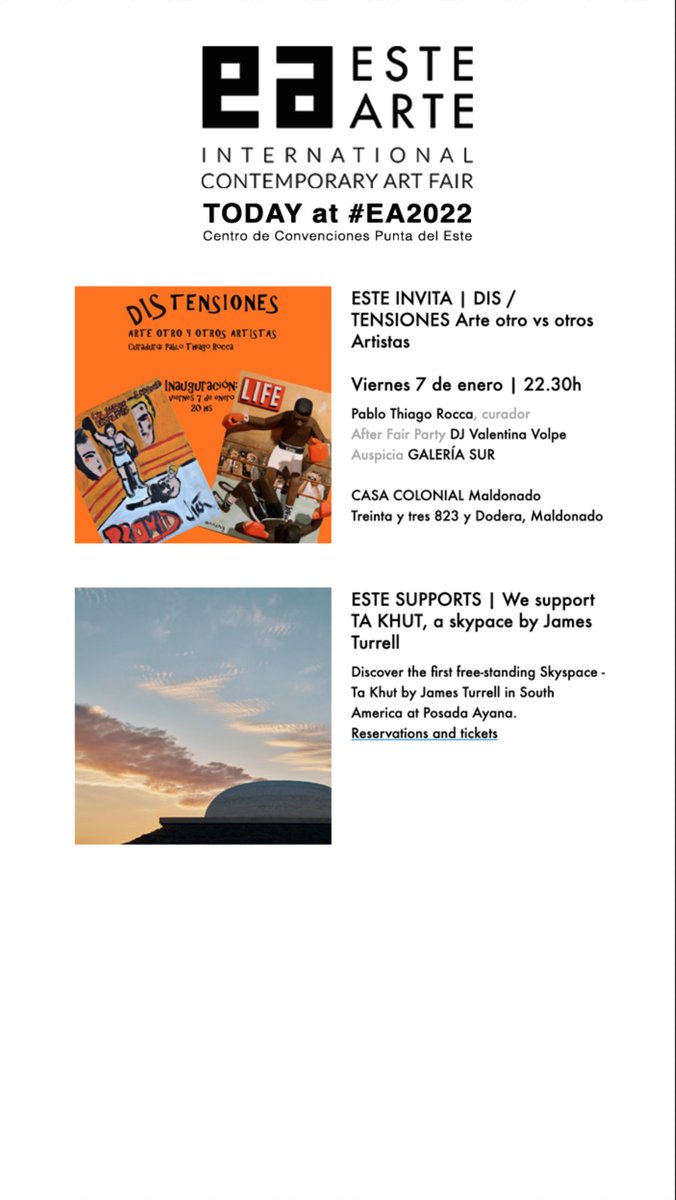 #EA2022 AGENDA /// #ESTEARTEfair 4 al 7 de Enero, Centro de Convenciones de Punta del Este🇺🇾
🎟Entradas: passline.com/sitio/estearte
#PuntadelEste #Uruguay #love #art #travel