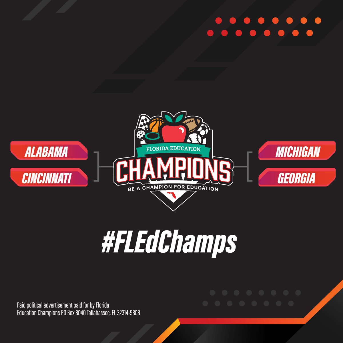 FloridaEdChamps's tweet photo. The CFB Playoffs are here! We are now the only game in town when it comes to legalizing online sports betting in Florida, with revenue generated going to supplement public education funding. Request your petition TODAY! #FLEdChamps 
Request here:https://t.co/RSH1bjWRO6 https://t.co/Qc2zdhkR4V
