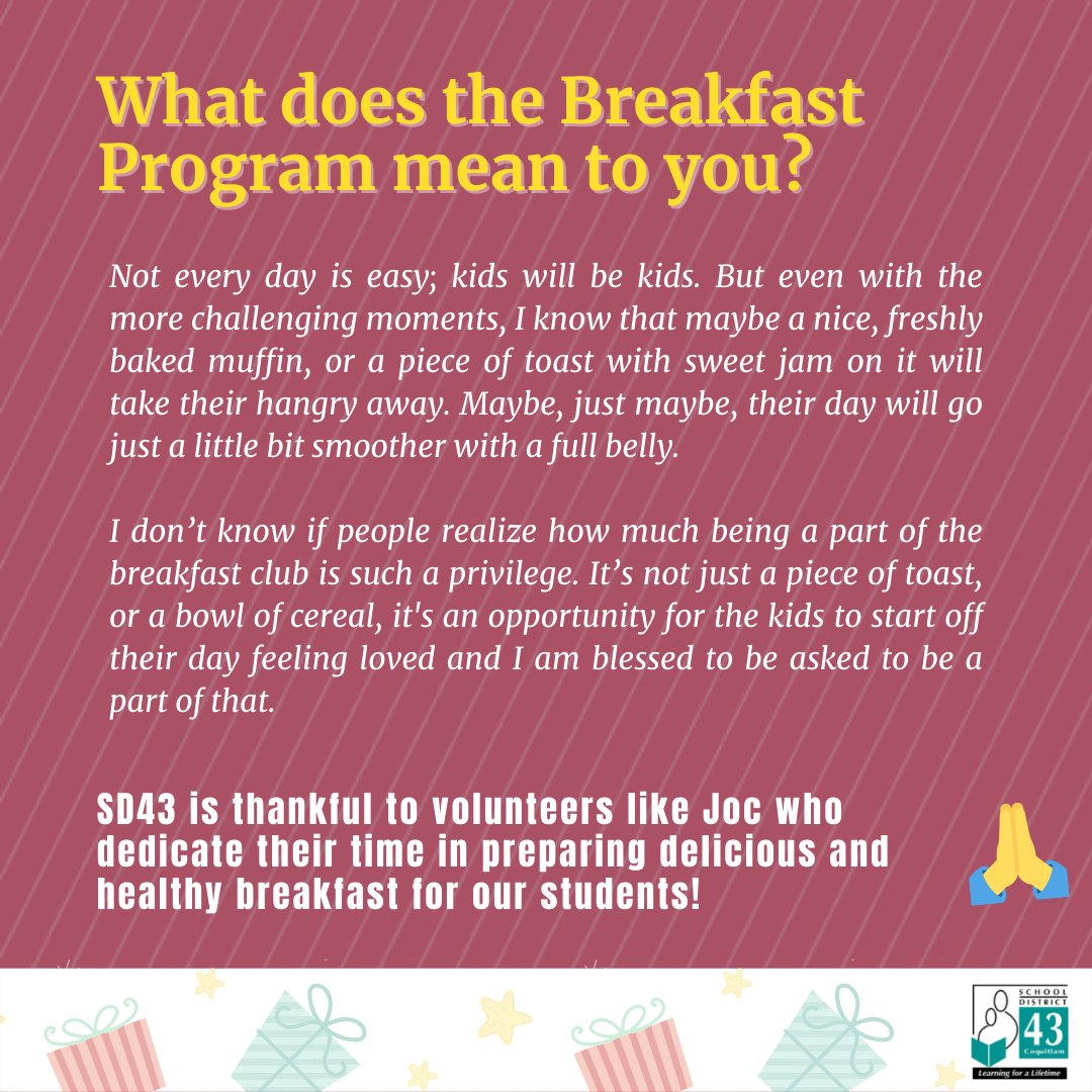 SD43 is thankful to volunteers like Joc who dedicate their time in preparing delicious and healthy breakfast for our students! 🌞Read more on why Joc (who isn’t a morning person ☕) enjoys getting up early to help at the Breakfast Program at Seaview Community School. 👏