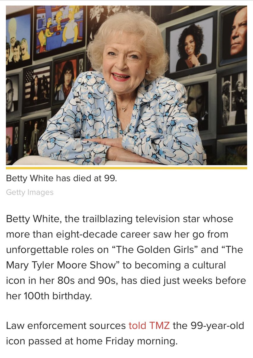 vmendoza06's tweet photo. Noooo!! Betty white passed away this morning. RIP Betty White. 🥲 You have been such an inspiration to so many. You are such a beautiful icon with a heart of gold. We will miss you! 🙏🏻💔 #bettywhite #icon https://t.co/yumu5aNYkS