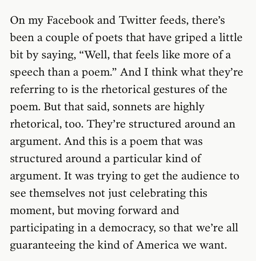 Because my poems often hit home a point, they’ve been called “speeches,” when in fact they’re inspired by sonnets, like Shakespeare’s: poems structured around arguments. I read 100+ sonnets when writing #TheHillWeClimb. Thx @PaisleyRekdal for seeing that logic is part of lyricism