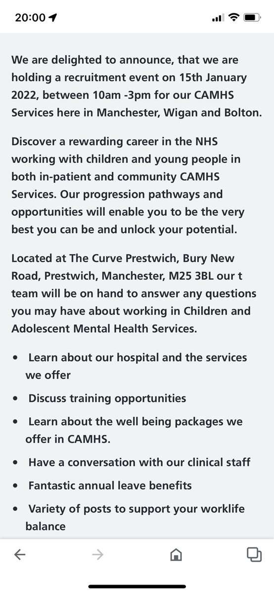 ↘️ CAMHS RECRUITMENT EVENT ↙️ ➡️15th Jan 10-3 @ The Curve Prestwich Hospital ➡️ RMN’s, Support Workers and Band 6 opportunities. ➡️Apply through NHS jobs or drop in on the day ⬇️ beta.jobs.nhs.uk/candidate/joba… @GMMH_NHS @KylieMcNHS @Gemmamclarke83 pls RT