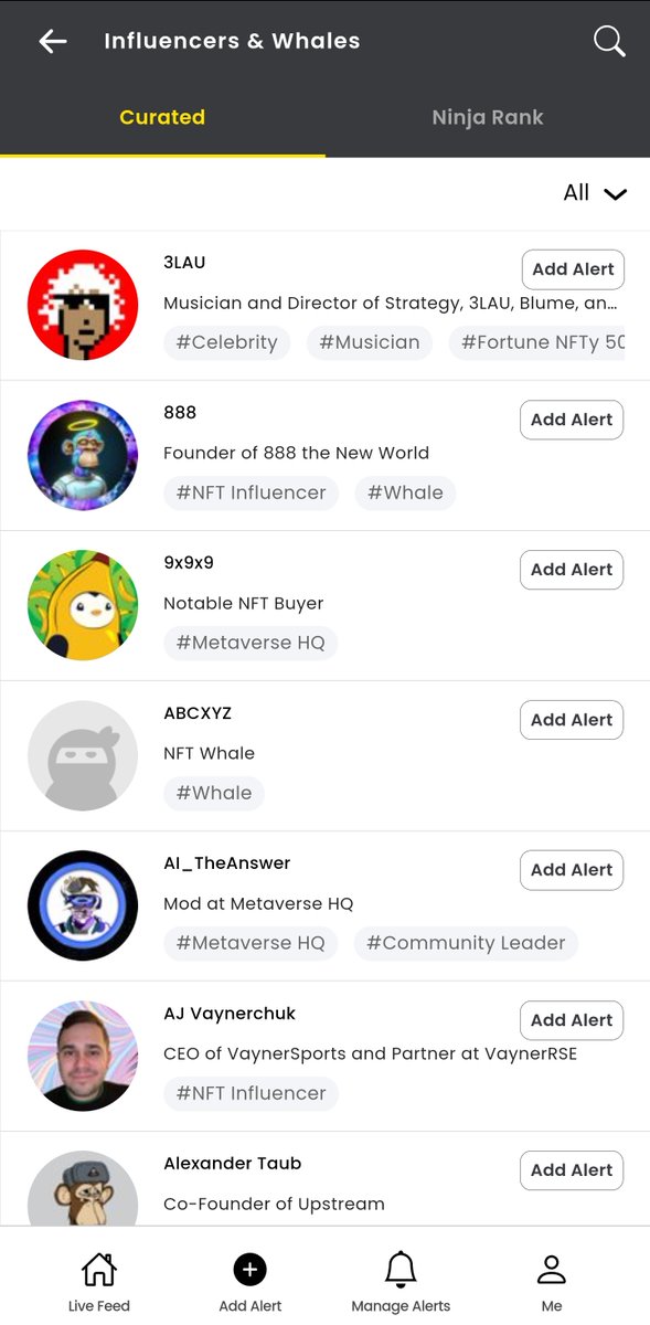 Trying out <a href="/ninjalerts/">NinjaStrategy™</a> by <a href="/TO/">TO</a> and works quite well.

I love that it pushes notifications to your iPhone/Android whenever there's activity on popular wallets. The curated list of whales, celebs, and influencers is a nice touch too. #NFTCommunity #NFTs