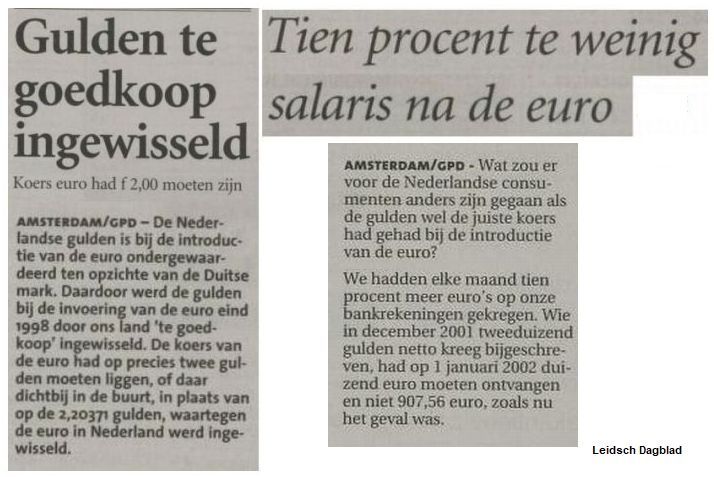 Twintig jaar geleden werd op 1 januari 2002 de euro ingevoerd en hadden we meteen 10 procent minder salaris, waar we nog de naweeën van voelen. Iemand die destijds 2000 gulden netto verdiende had in januari 2002 1000 euro moeten ontvangen, maar kreeg 907,56 euro.