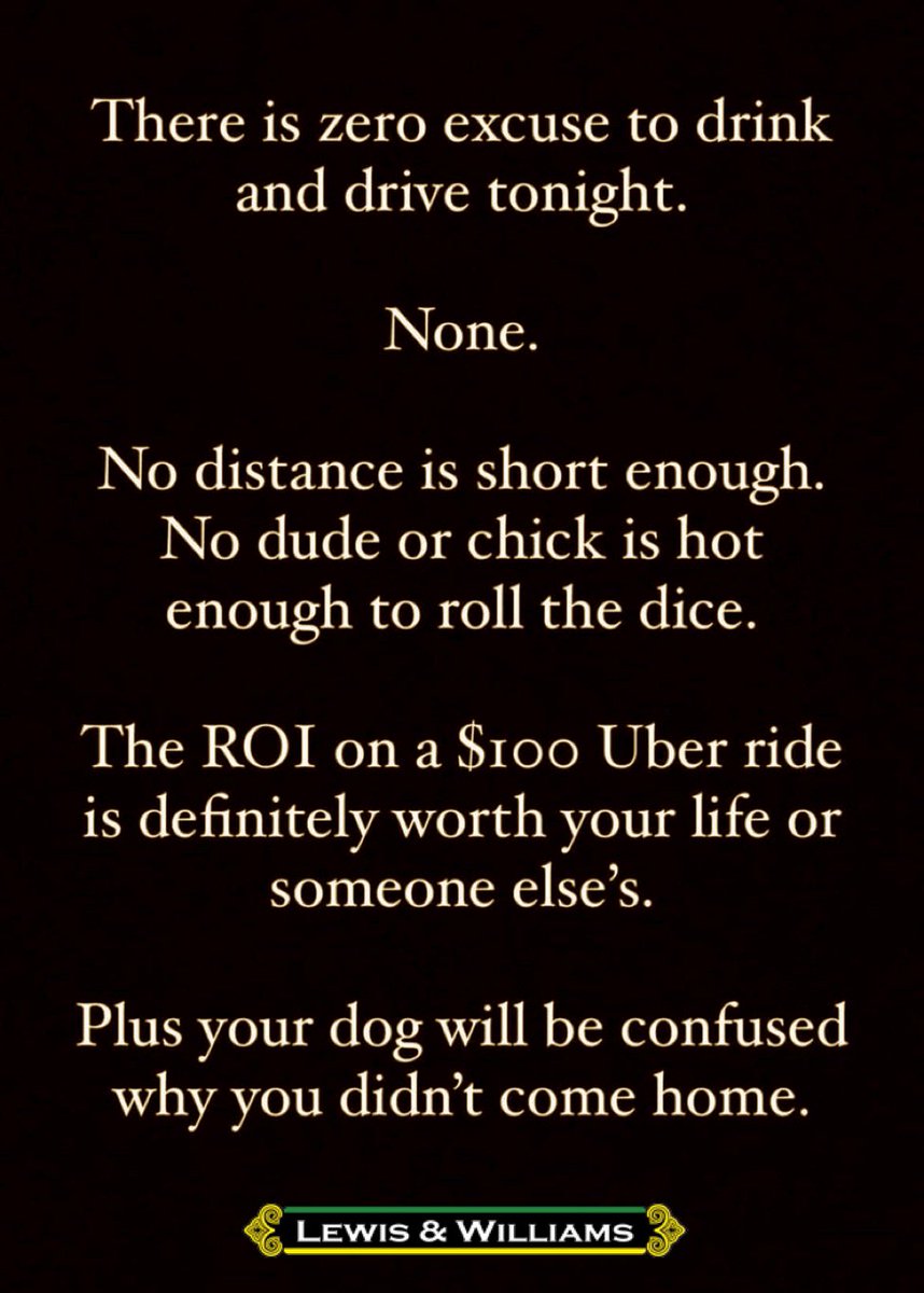 JLWLaw's tweet photo. Wishing you a safe and enjoyable New Years Eve! Just a friendly reminder to have a designated driver if you are drinking tonight. #ArriveAlive #DontDrinkAndDrive #CallAnUber #BeSafe #InjuryLawyer #WrongfulDeathLawyer #LewisWilliamsLaw https://t.co/u1KocPW2U1