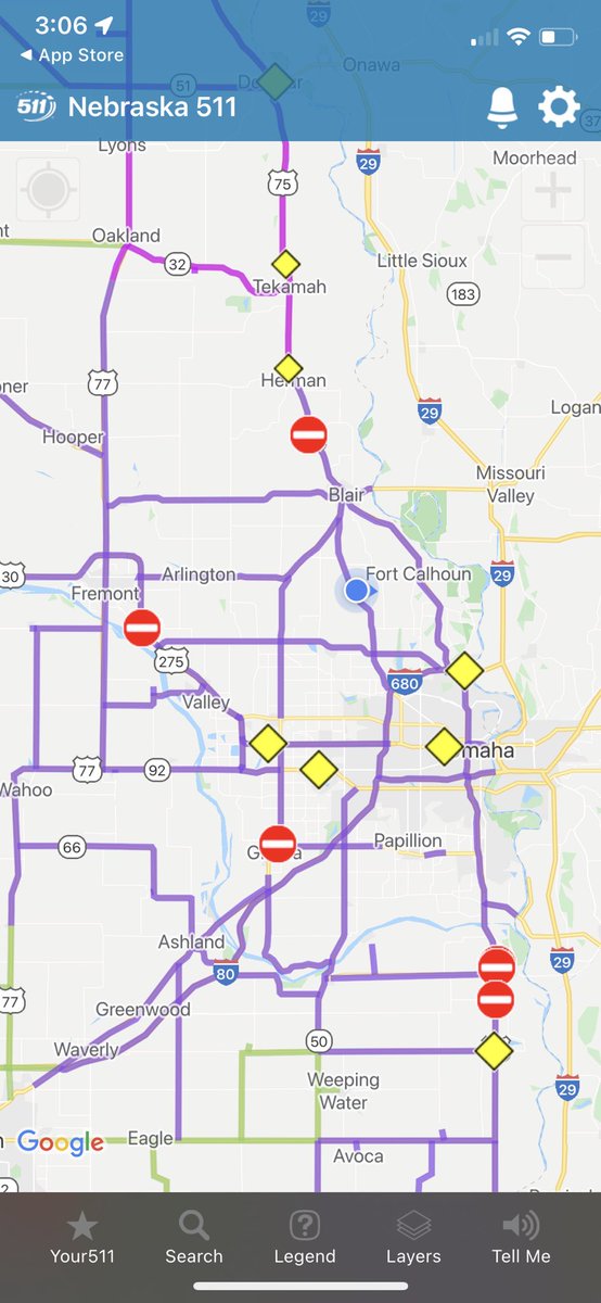 AMPeitz's tweet photo. @Nebraska511  the roads are purple but that color isn’t on your legend? https://t.co/1w1i17b2xm