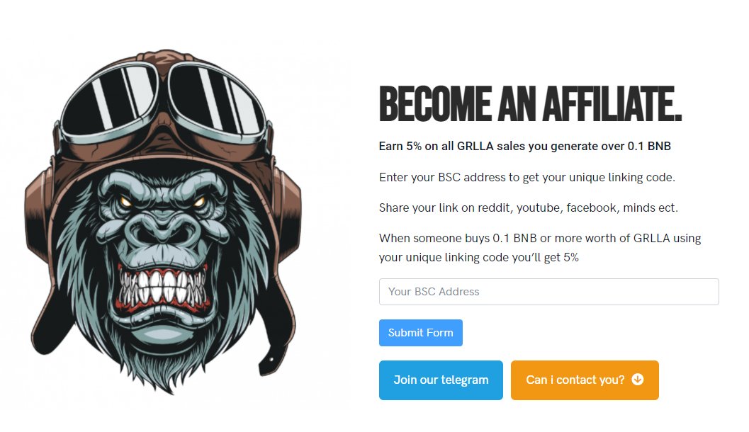grllatoken's tweet photo. GRLLA Affiliate program is now live Earn 5% BNB on all sales you generate. https://t.co/I3qzeaORso 
#crypto #affiliateprogram #BNB https://t.co/yIlw4xsdCT