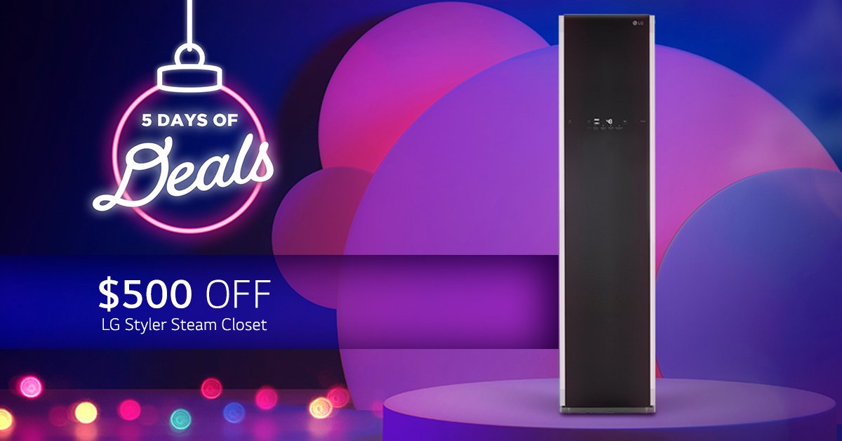 lglbrooks's tweet photo. HoHoHo! π Keep your wardrobe refreshed & ready with LG's 5th and final Daily Deal: $500 off the LG Styler Steam Closet β¨
Shop with code: DAILYDEAL5
#5DaysofDeals @LGUS #LGUS #LGFam @LGStephenPotoc1
@LGVerlinMoore https://t.co/LFv9lF4WIA https://t.co/NQnppxTPhK https://t.co/ZanZPf8FaC