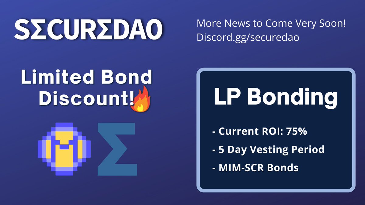 SecureDao's tweet photo. Bonding is Now Live At https://t.co/KVUKIVF8KG!

With rates over 75%, @SecureDao Is now one of the best and most competitive Reserve currencies in DeFi!

Make sure to pick some up while it stays this cheap at https://t.co/hkIqlDiM6F!😄

#DeFi #Wonderland #OHM #Fantom $MIM $SCR https://t.co/btTNsSGOPC