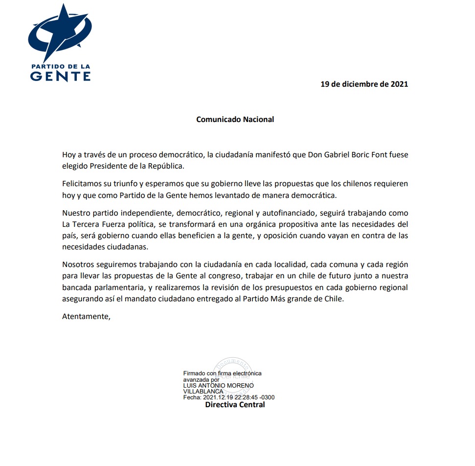 ChilePDGcl's tweet photo. Comunicado Oficial del Partido de la Gente. https://t.co/TbgjHQ6pjE
