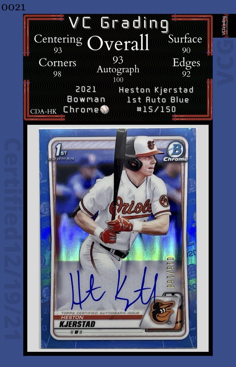 VC_Grading's tweet image. 2021 Bowman Chrome ⚾️ 

Heston Kjerstad 1st Auto Blue #15/150

Overall Grade: 93
Autograph: 100

@tcordlecards || #0021